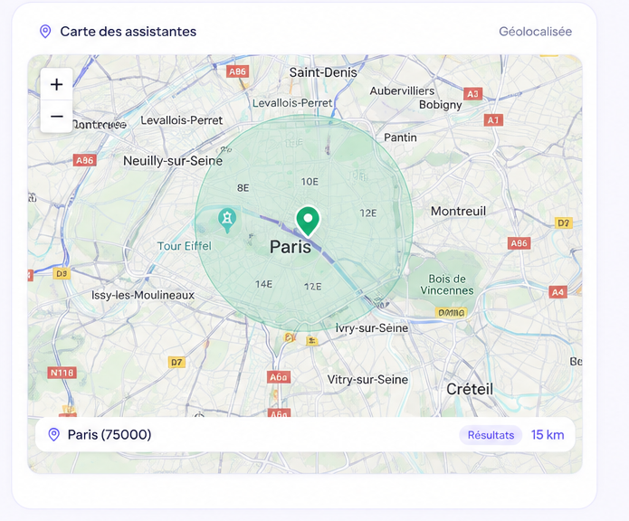 Carte géolocalisée reliant parents et assistantes maternelles sur Assist'Assmat