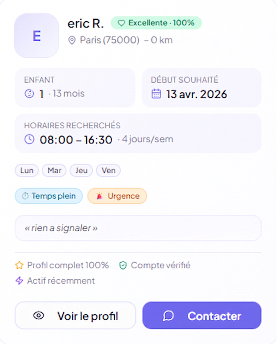 Annonce d'un parent (Eric R., Paris) recherchant une assistante maternelle sur Assist'Assmat
