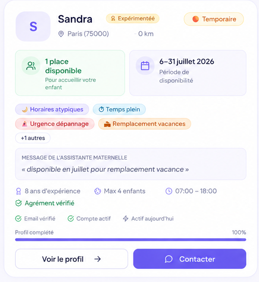 Annonce d'une assistante maternelle (Sandra, Paris) avec disponibilités, badges et certifications sur Assist'Assmat