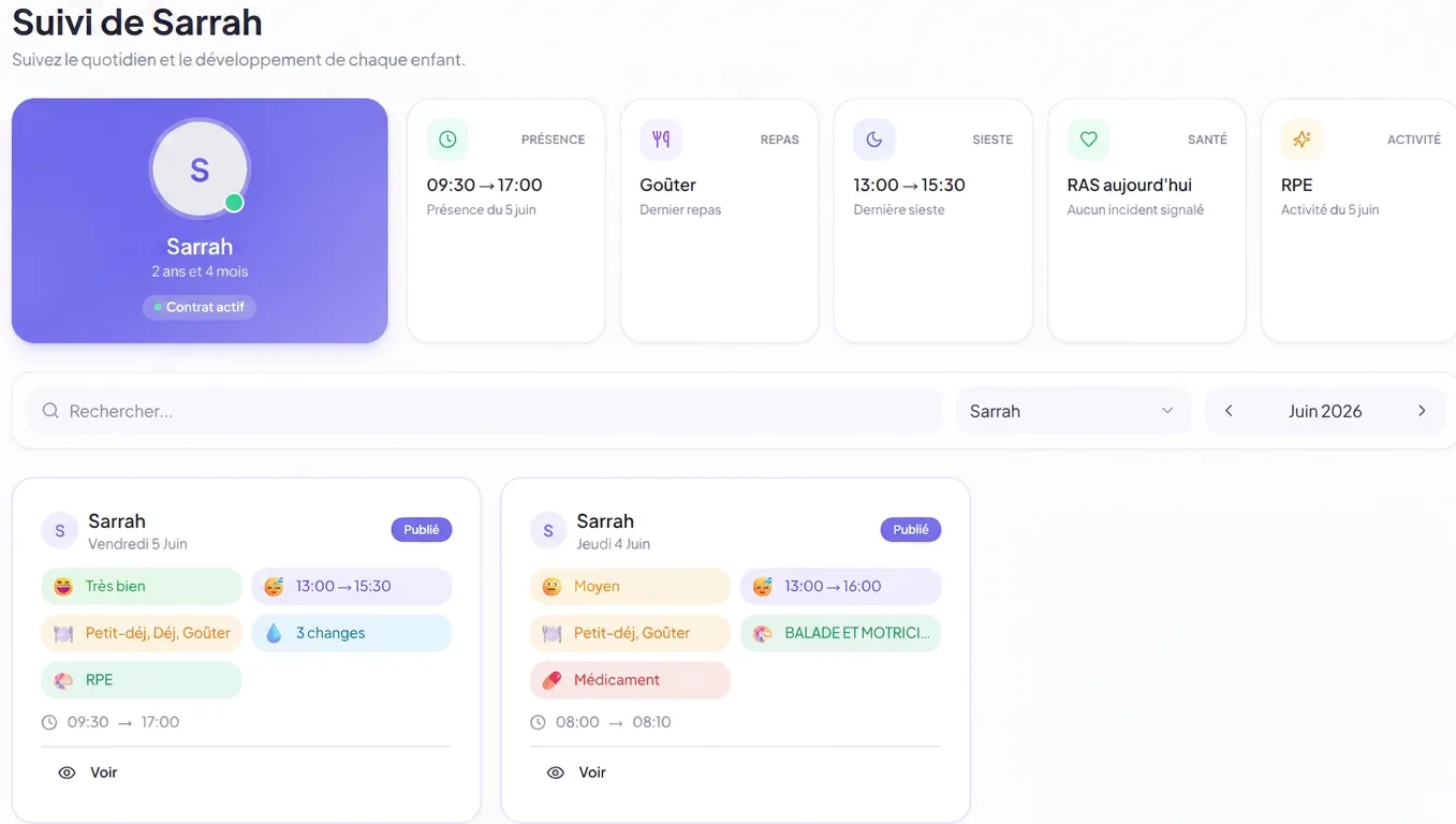Suivi quotidien de l'enfant — application Assist'Assmat